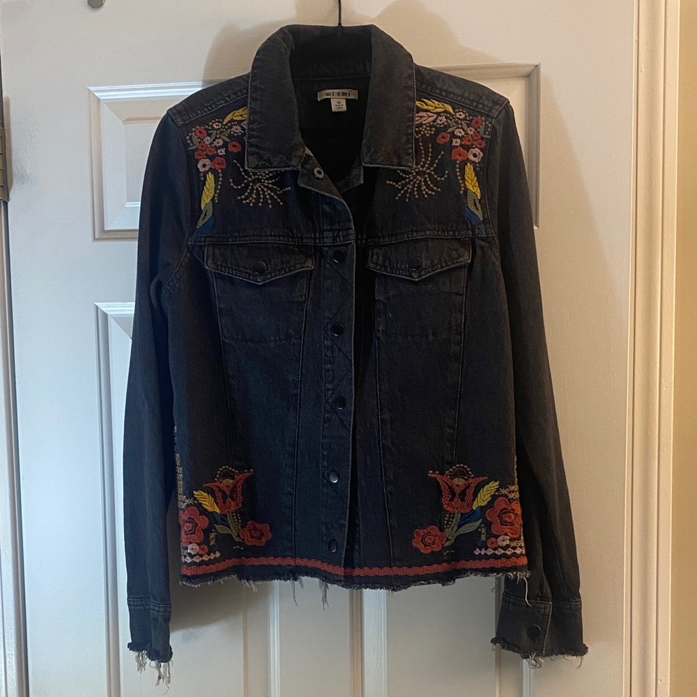 Miami Dark Blue Denim Jacket with Colorful Embroidery